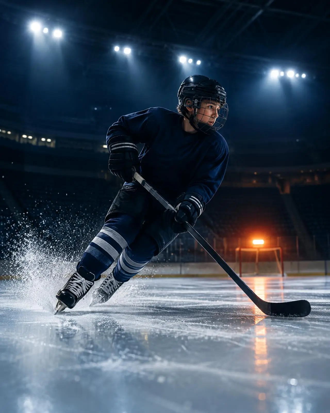 Young hockey player skating under arena lights